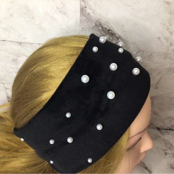 Pearl studded headband, black faux suede and white Pearl turban headband - Picture 3 of 8